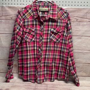 Bit & Bridle Flannel Shirt. Pink. With horses embroidered on top.